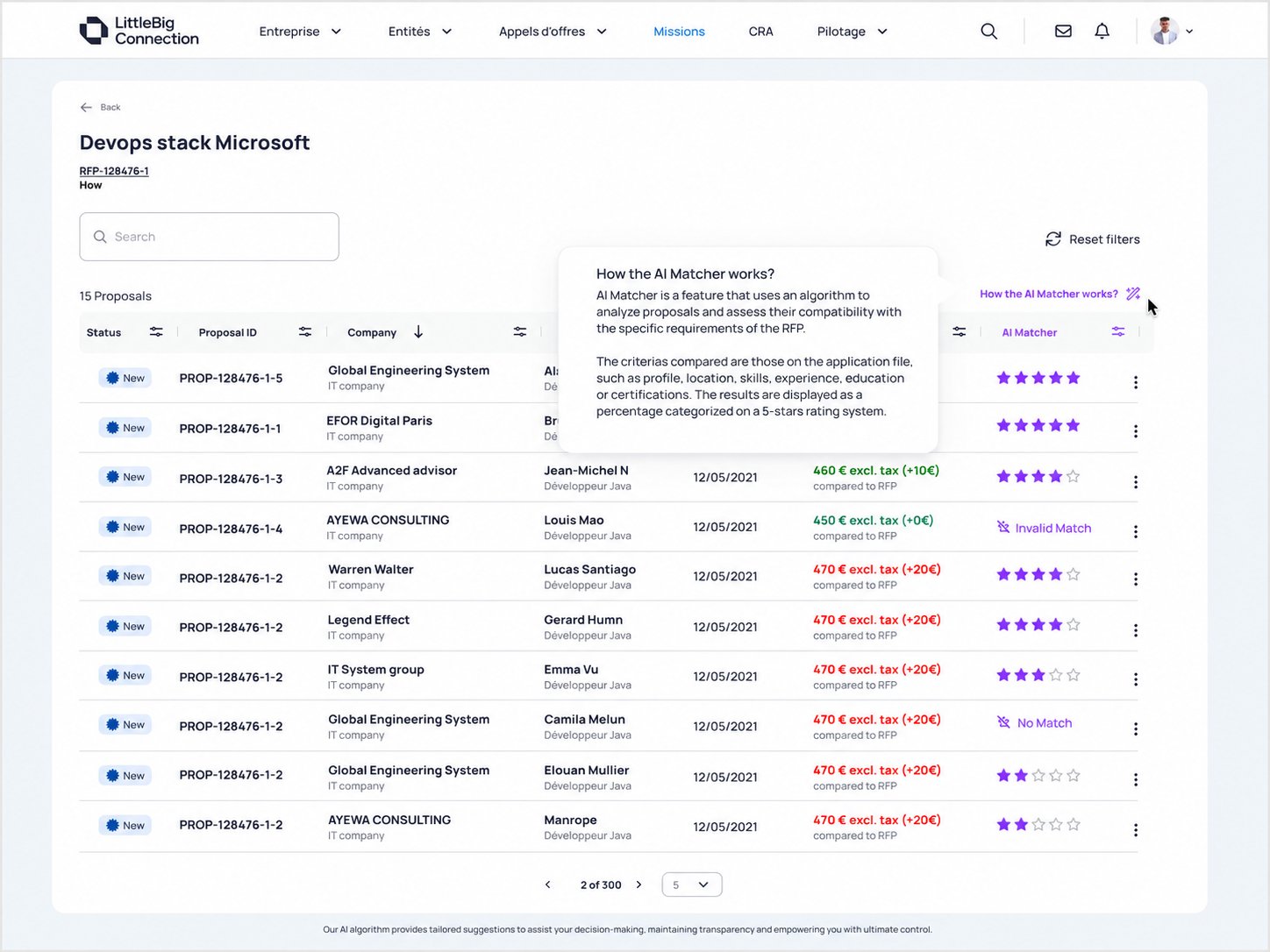 AI Matcher explanation popover