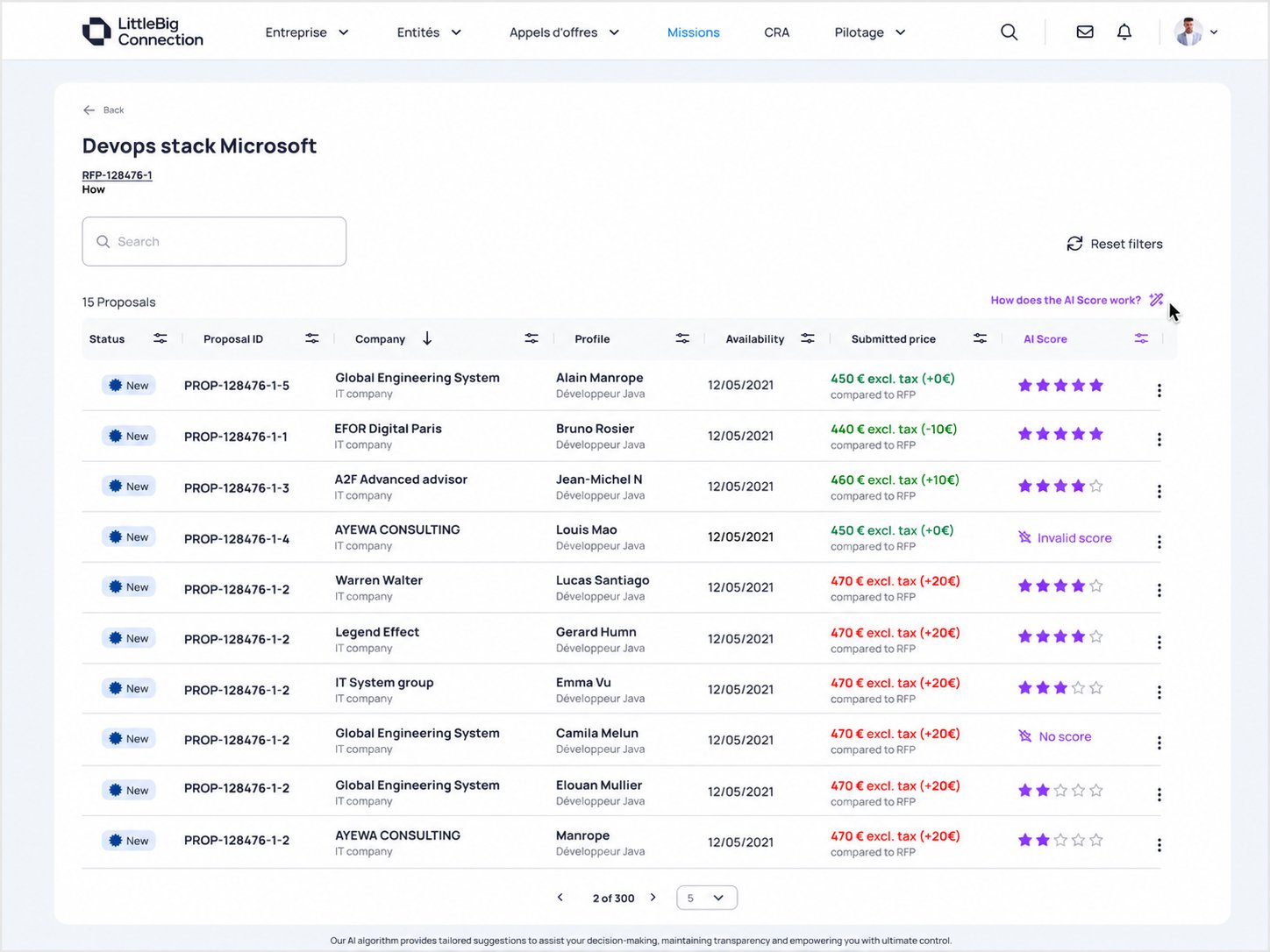 AI Matcher final UI — proposal list with star ratings