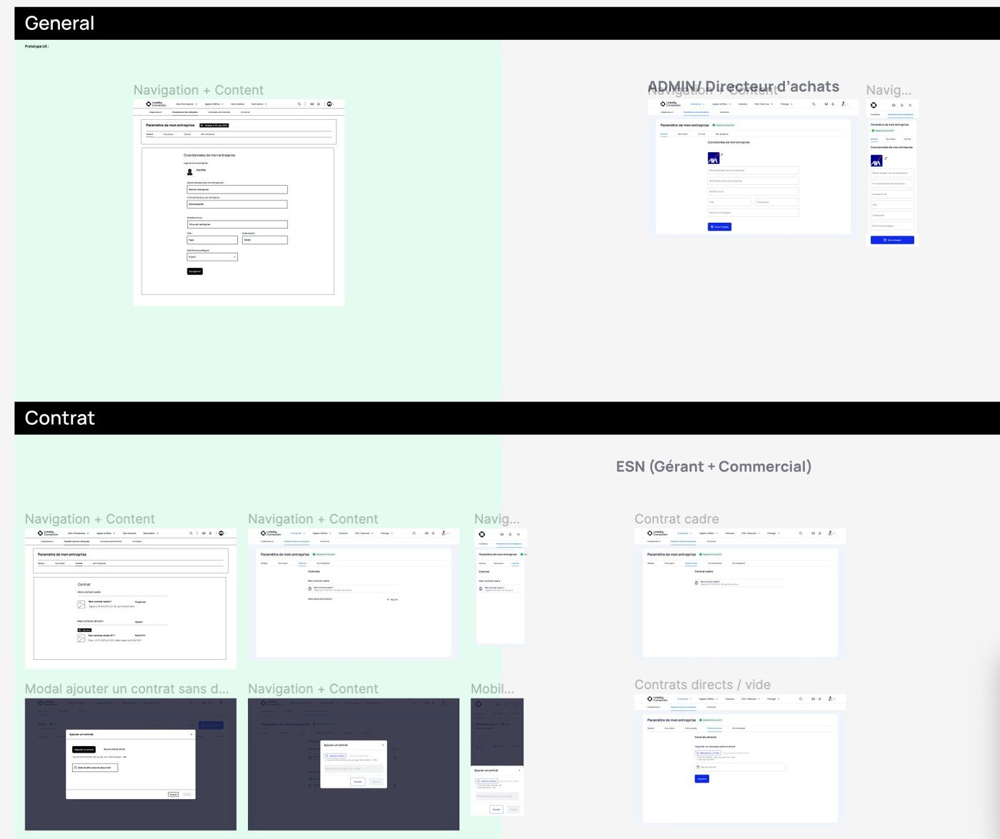 Company settings and contract screens compared across admin and ESN roles