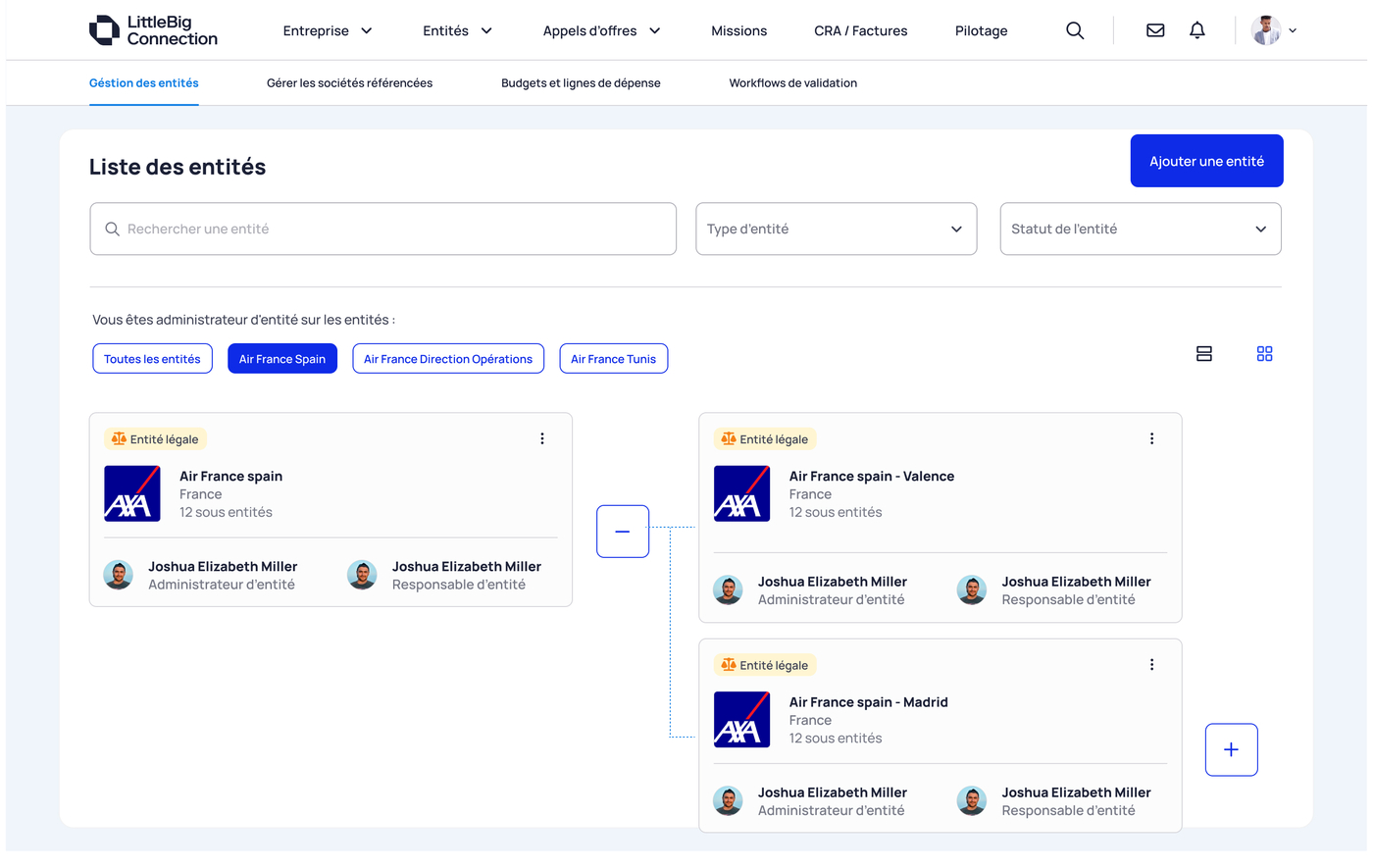 Entity list with admin and owner roles
