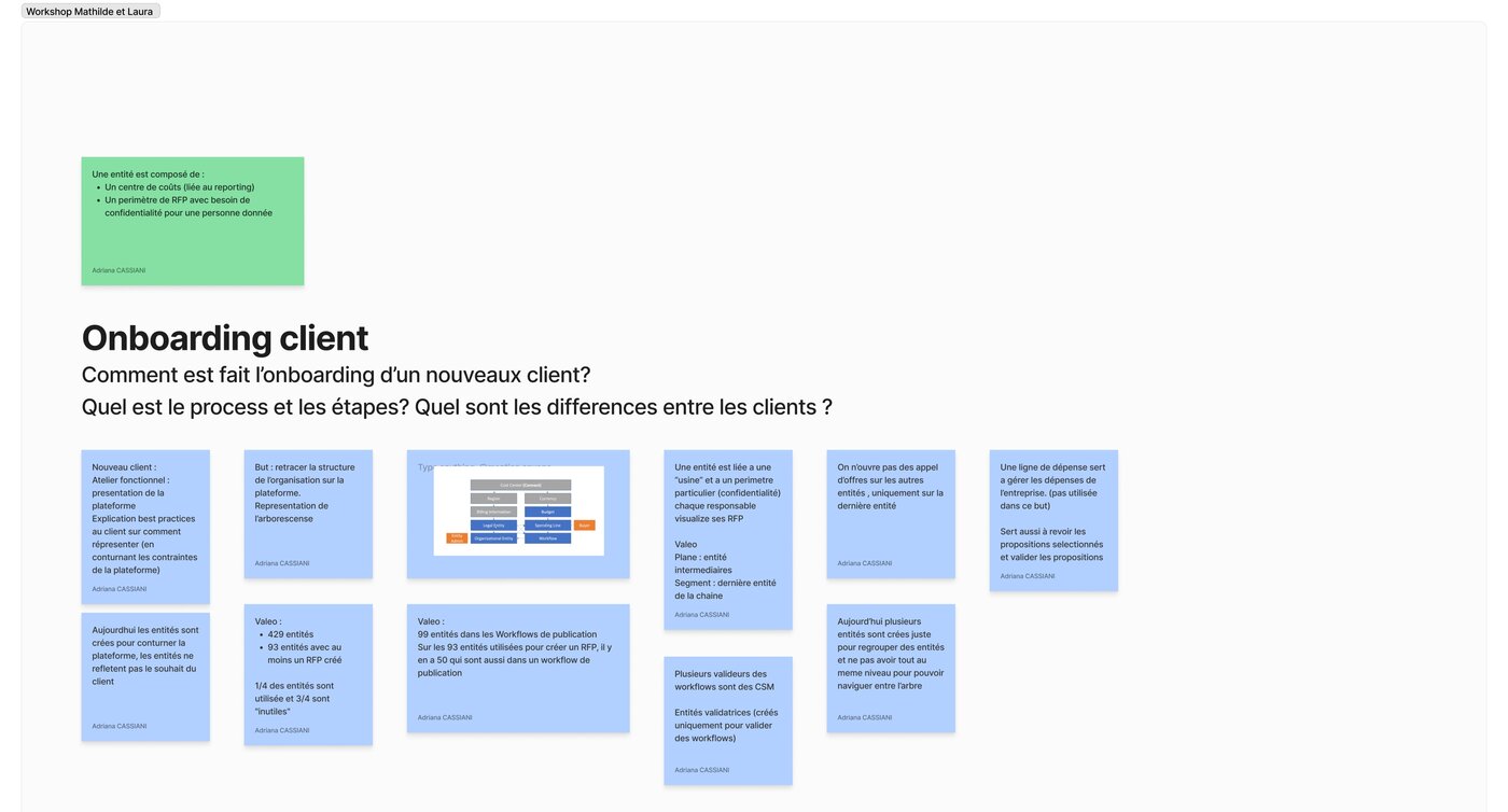 Client workshop notes on entity onboarding, with real Valeo usage data